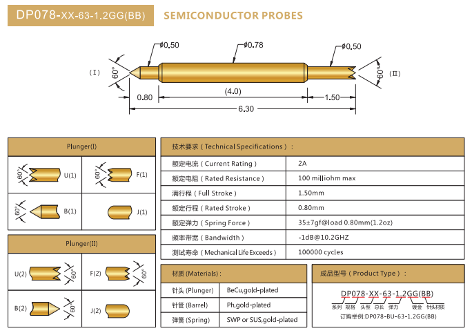 0.78mm雙頭探針，BGA測(cè)試針，華榮華BGA雙頭彈簧針廠家